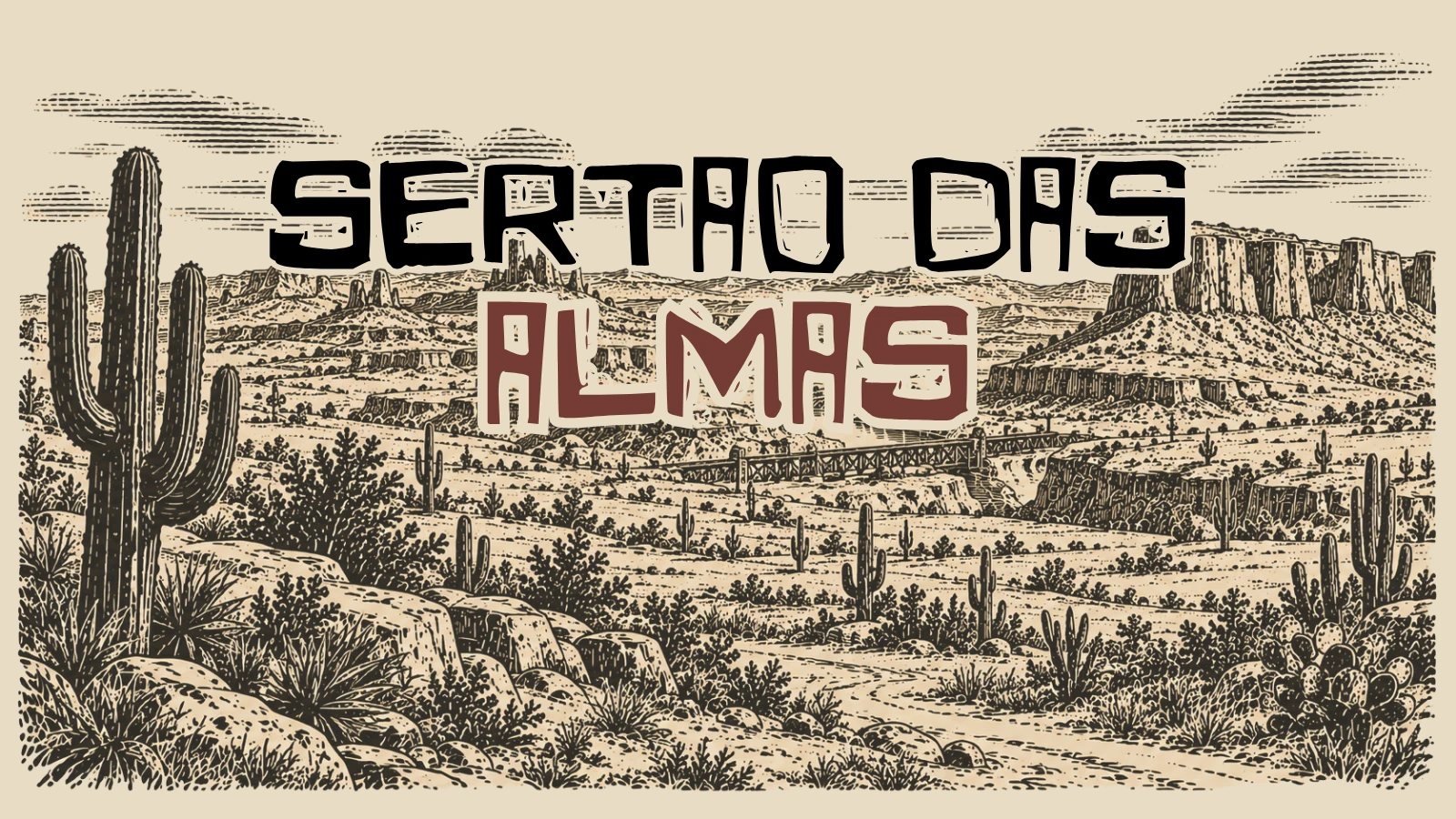 Xilogravura do Sertão das Almas: deserto de cactos, rochas e arbustos secos, uma estrada de terra, uma ponte ferroviária de madeira e mesas rochosas no horizonte.